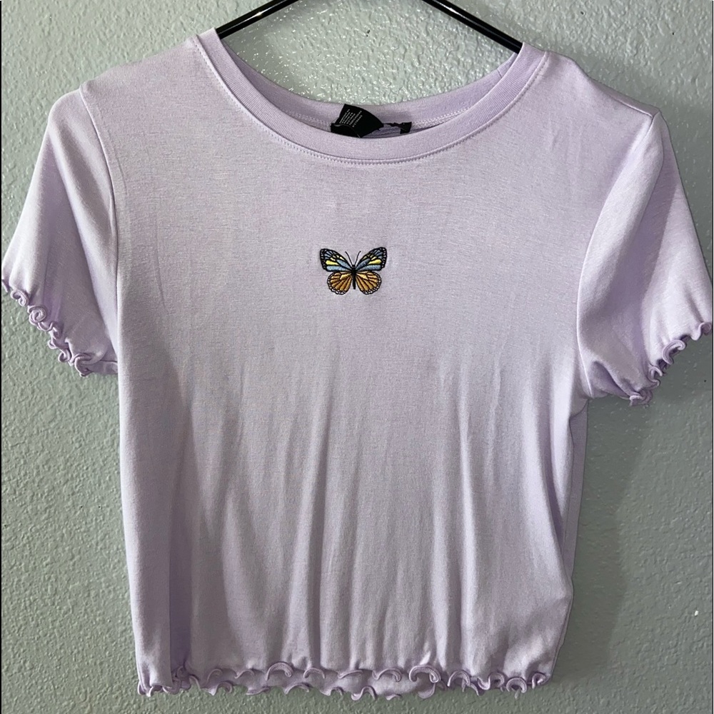 Forever 21 Lettuce Cut Purple Butterfly Crop Top